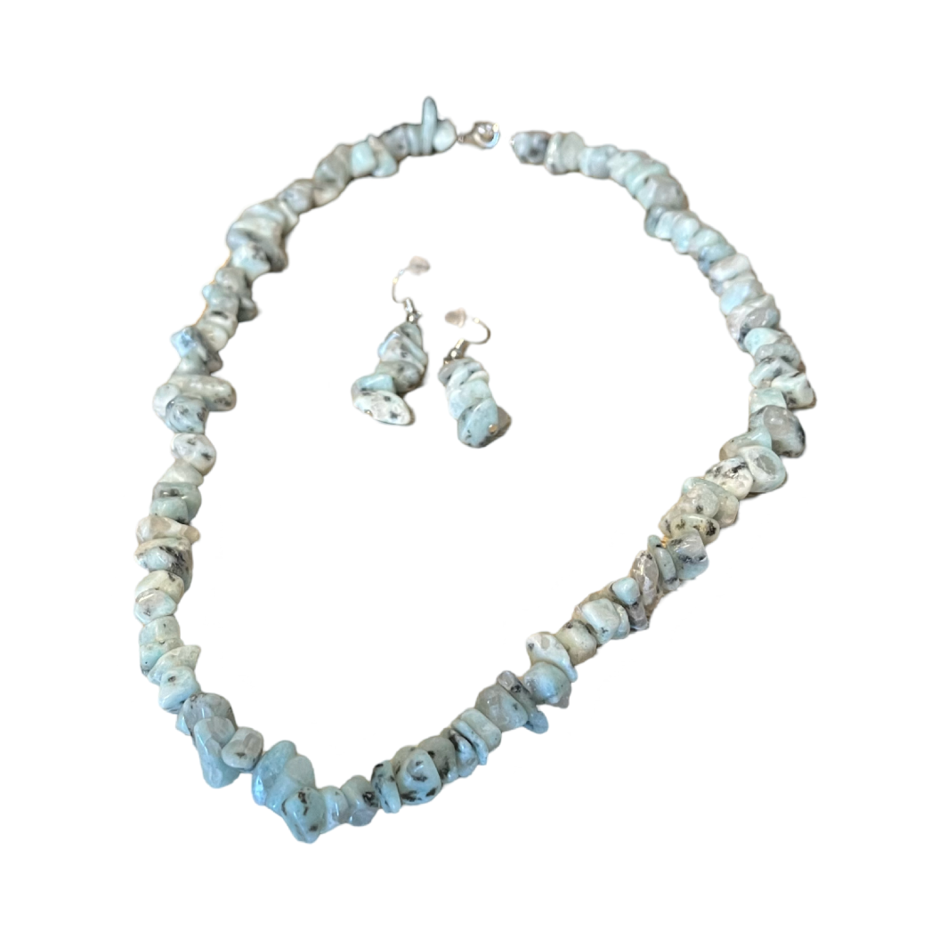 Handmade 20" Amazonite Chip Necklace & Earring Set. Calming, Natural Statement Piece