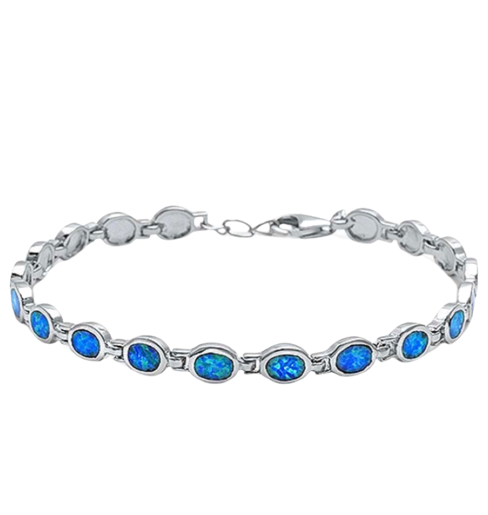 Sterling Silver Oval Blue Fire Opal Link Bracelet