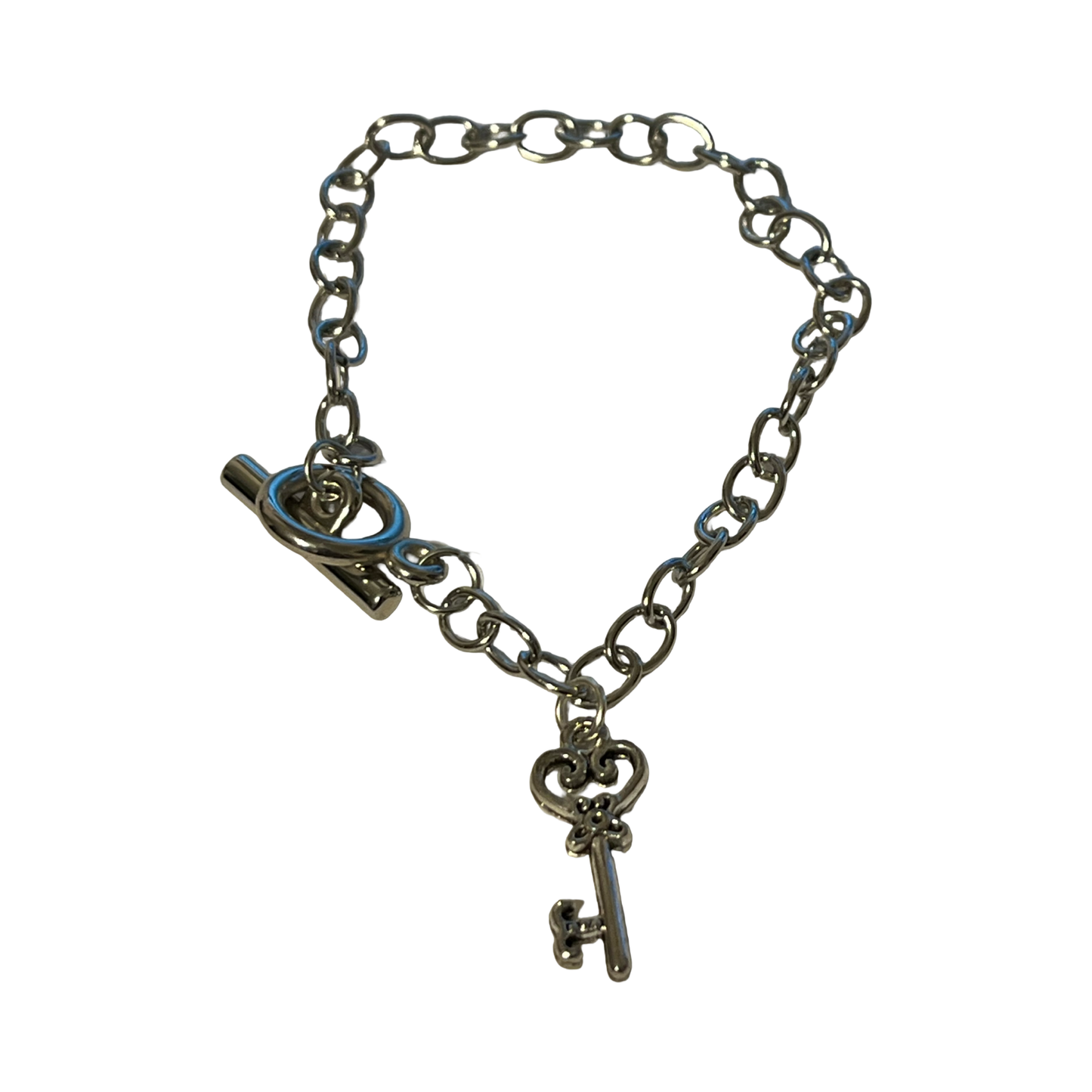 Silver Plated Link Heart/Key Toggle Bracelet