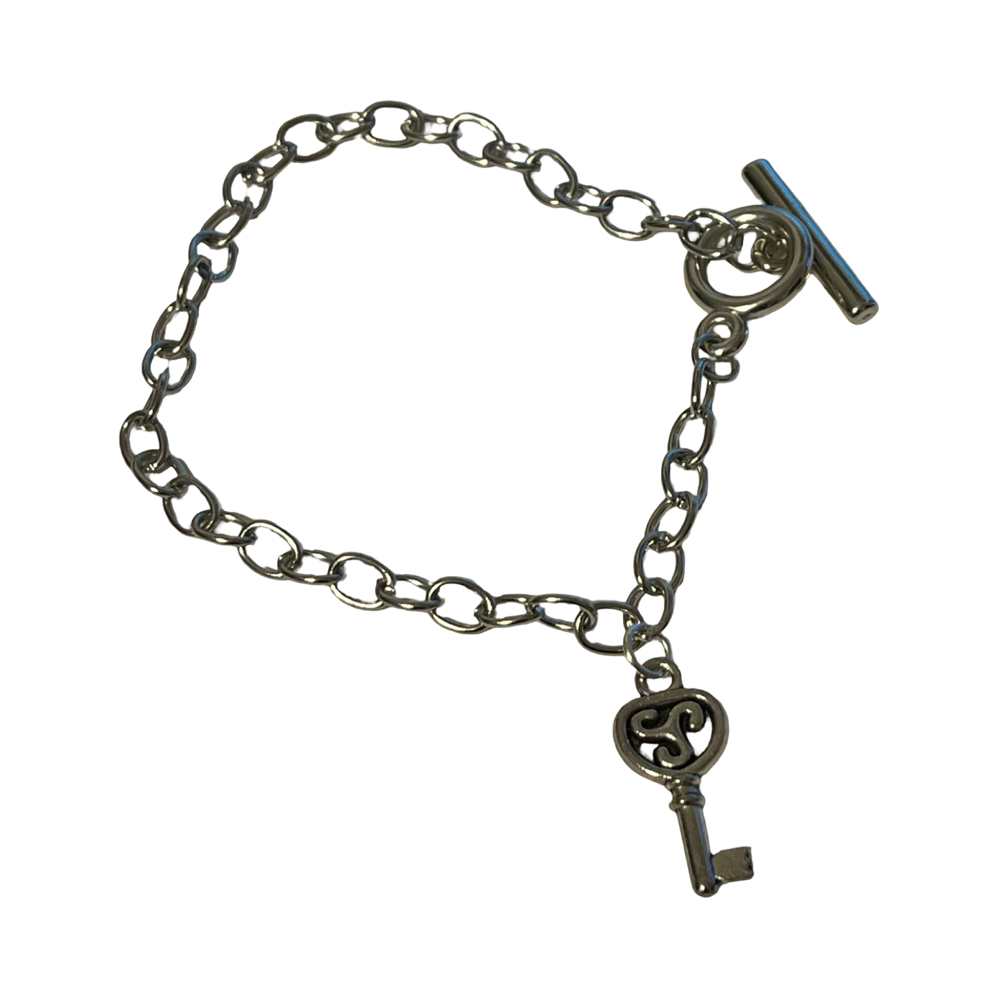 Silver Plated Link Heart/Key Toggle Bracelet