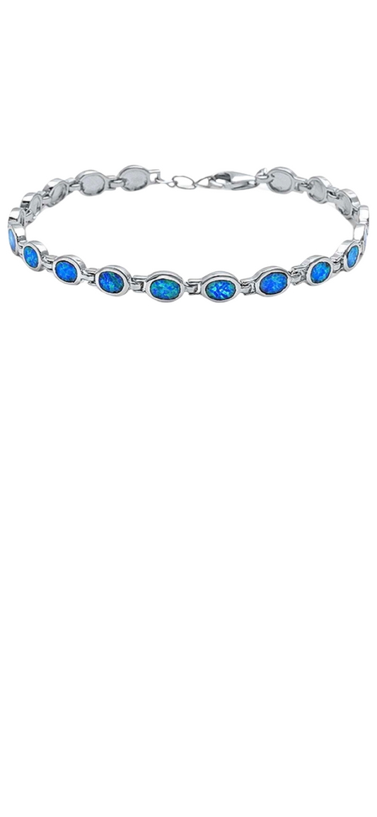 Sterling Silver Oval Blue Fire Opal Link Bracelet